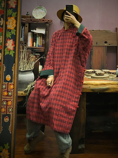 Stand Collar Button Cotton Robe Dress