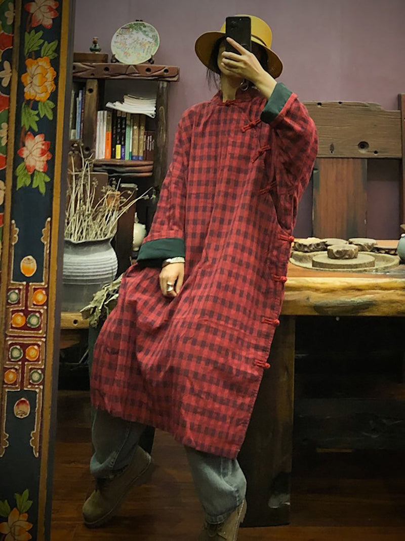 Stand Collar Button Cotton Robe Dress