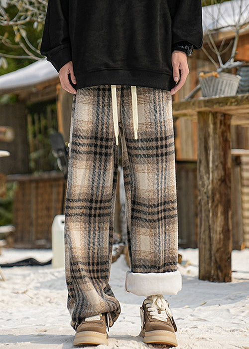 New Black Plaid Pockets Warm Fleece Pants Winter
