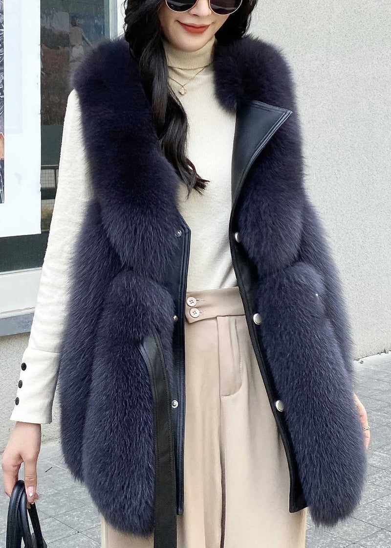 Italian Cocoa Fox Collar Faux Leather and Fur Waistcoat Winter