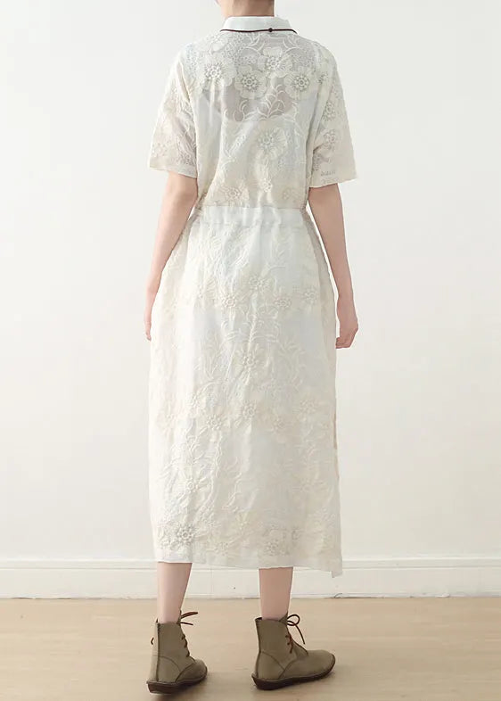 French White Linen Outfit Fine Inspiration Embroidery Stand Collar Dresses Summer Dress