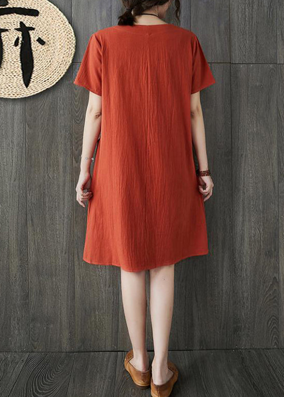 Orange O-neck Embroidered Pocket Linen Dresses Short Sleeve