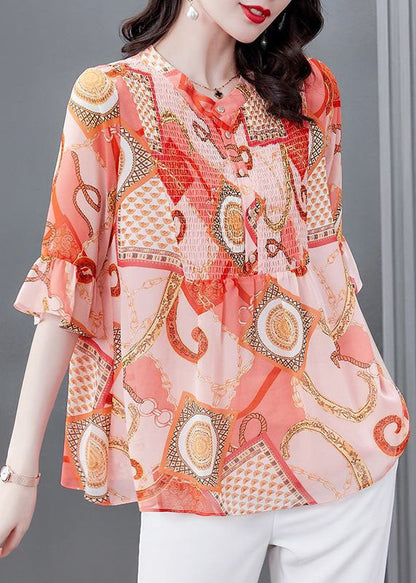 Orange Stand Collar Print Patchwork Chiffon Blouses Flare Sleeve