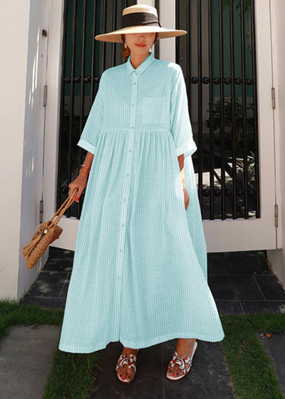 Pink Peter Pan Collar Striped Button Pockets Wrinkled Long Dresses Half Sleeve