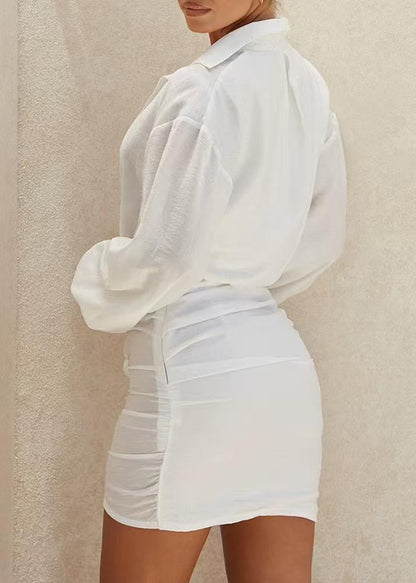 Modern White V Neck Patchwork Cotton Shirt Mini Dress Summer
