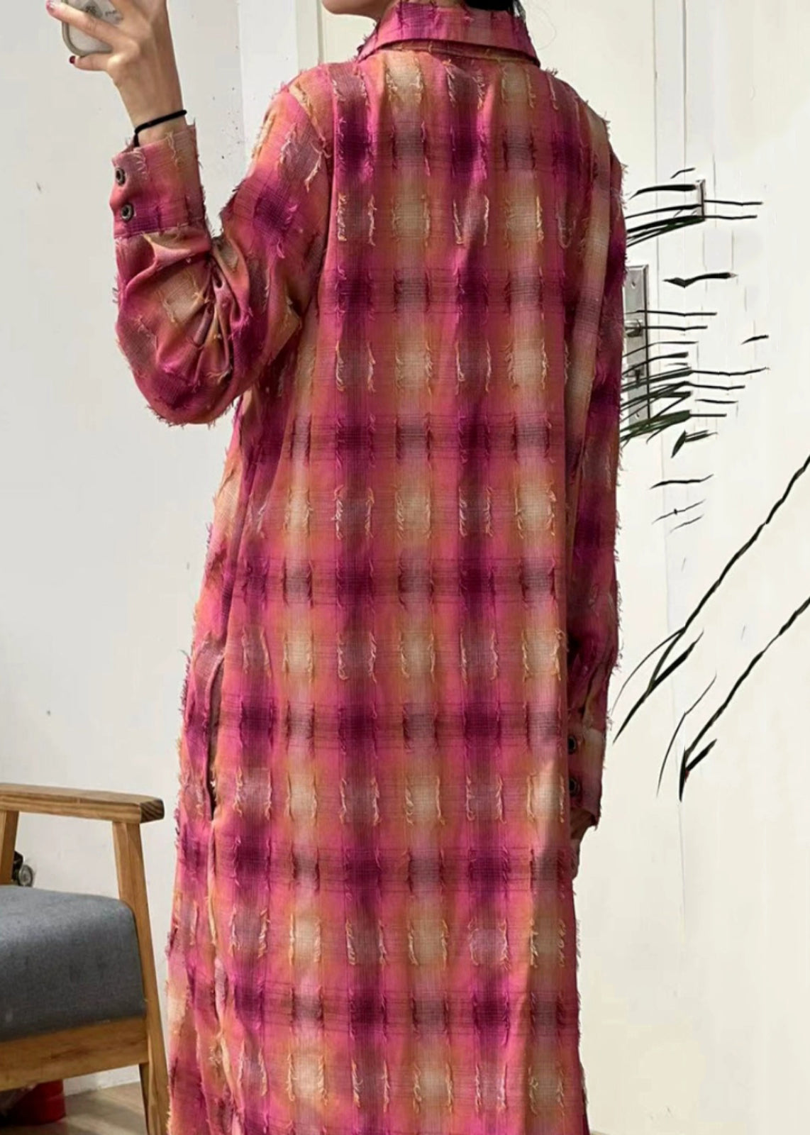 Pink Plaid Peter Pan Collar Button Cotton Long Blouse Spring