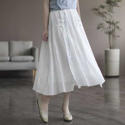 Double Cotton Linen Embroidered Buckle A-line Skirt