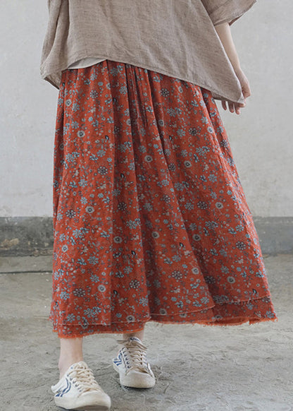 Red Elastic Waist Tie Waist Print Cotton Skirts Spring