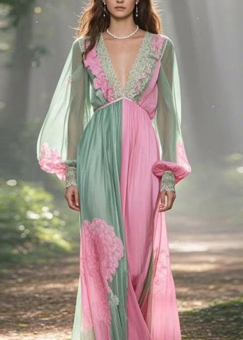 Colorblock V Neck Patchwork Chiffon Dress Lantern Sleeve
