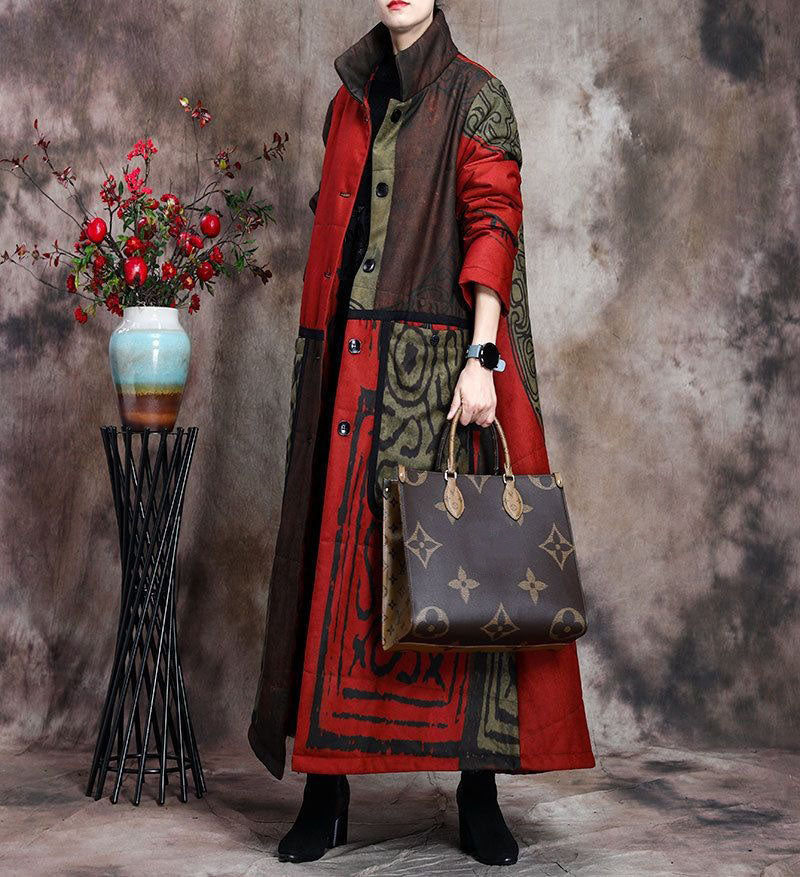 Boutique Red Print Pockets Thick Cotton Winter Long Sleeve Coat
