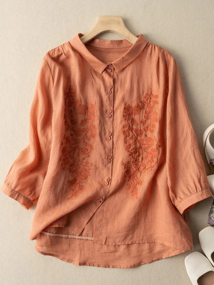 Embroidered 3/4 Sleeve Linen Shirt Top