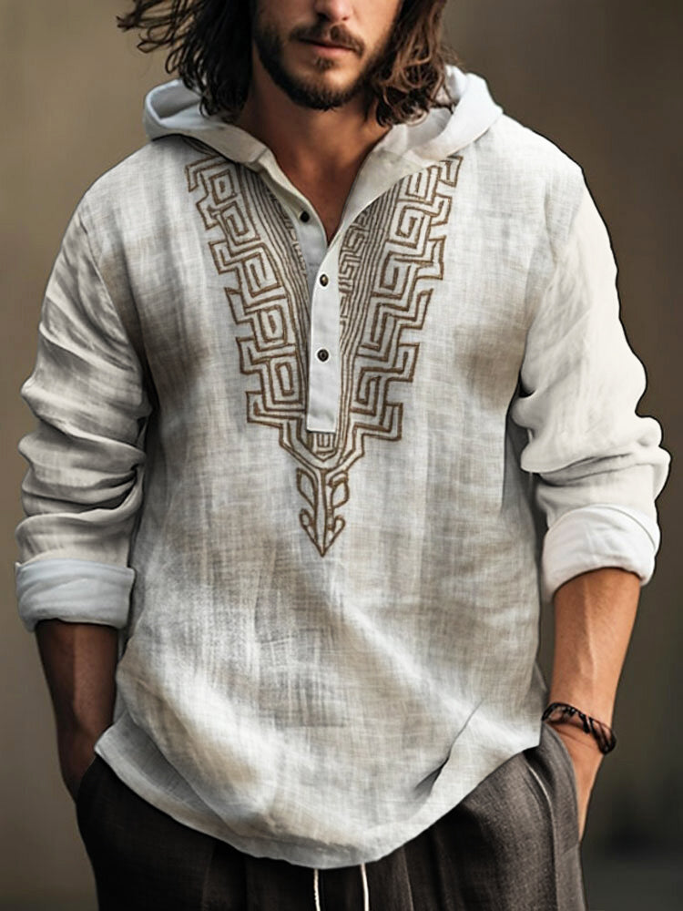 Vintage Greek Geometric Men's Hooded Linen Shirt elevenforest