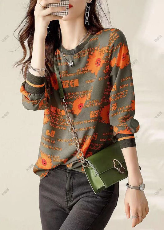 Classy Army Green Print Cotton Tops Spring