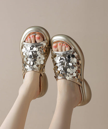 Stylish Splicing Platform Gold Sequins Slide Sandals Peep Toe