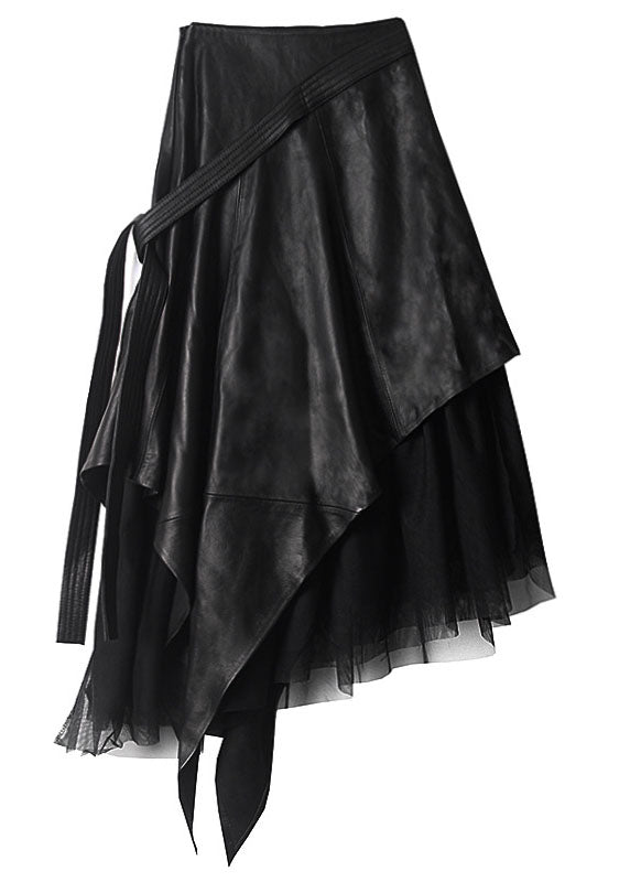 Simple Black Asymmetrical Patchwork Tulle Faux Leather Skirts Spring