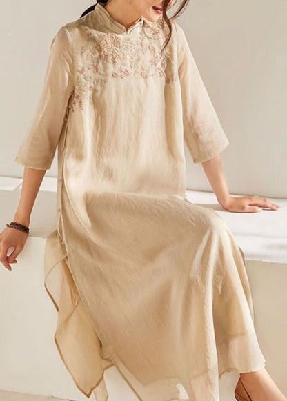 Chinese Style Apricot Stand Collar Embroidered Patchwork Silk Dress Summer