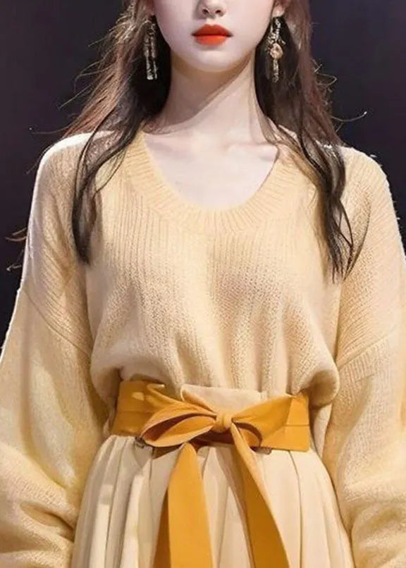 Yellow O-neck Bow Cotton Knit Sweater and Maxi Skirts Two Pieces Set Long Sleeve
