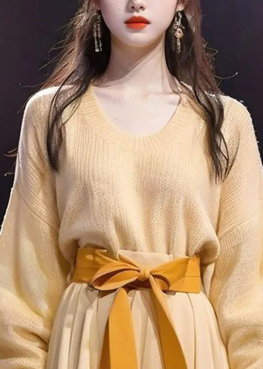 Yellow O-neck Bow Cotton Knit Sweater and Maxi Skirts Two Pieces Set Long Sleeve