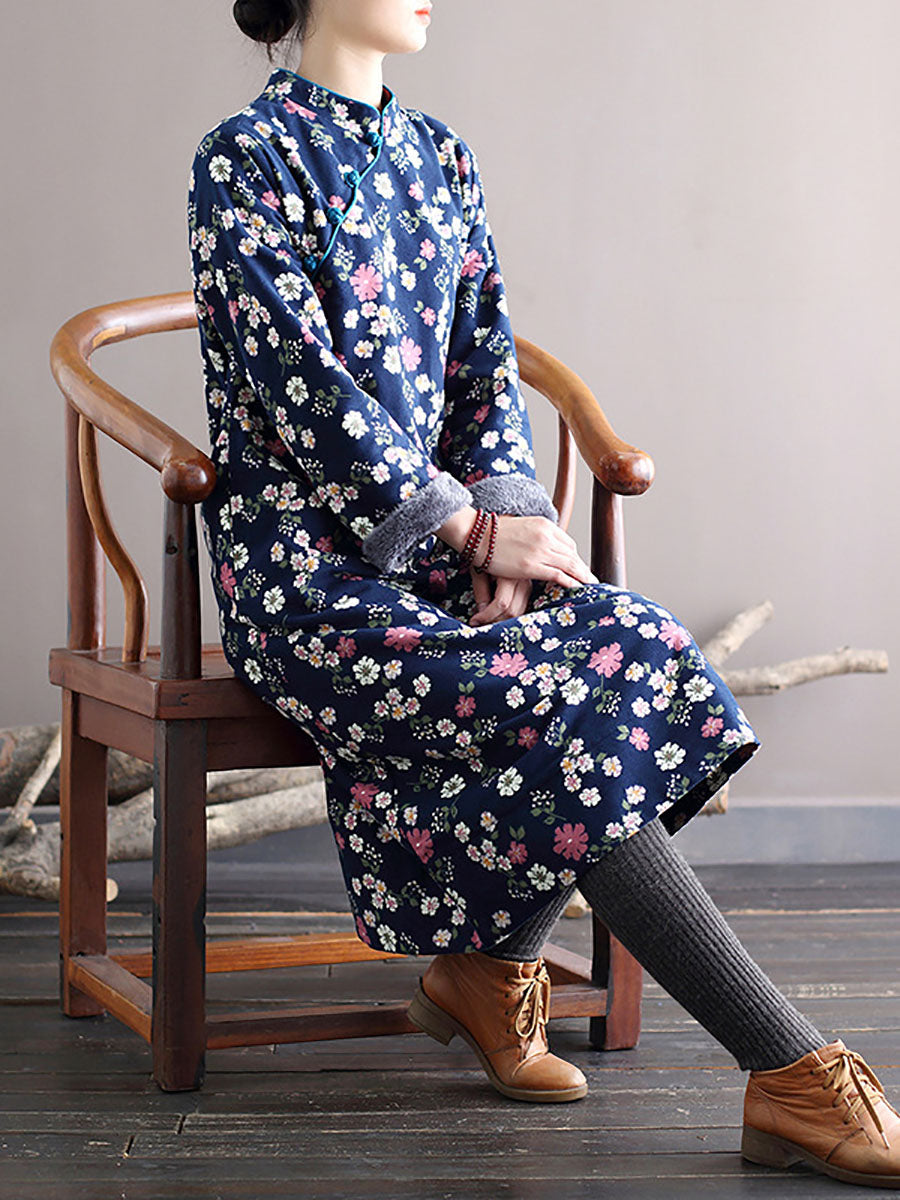 Winter Chinese Style Print Frog Thick Dress