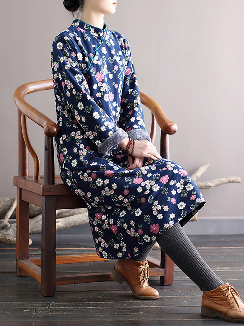 Winter Chinese Style Print Frog Thick Dress