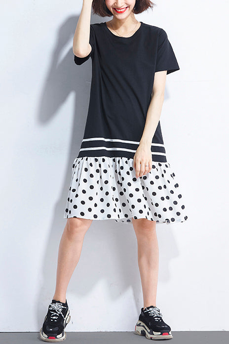 Italian Black Cotton Quilting Dresses Shirts Patchwork O Neck Loose Summer Dress