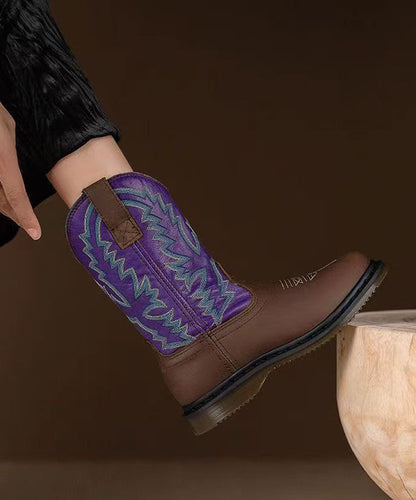 Purple Cowhide Leather Embroideried Splicing Boots