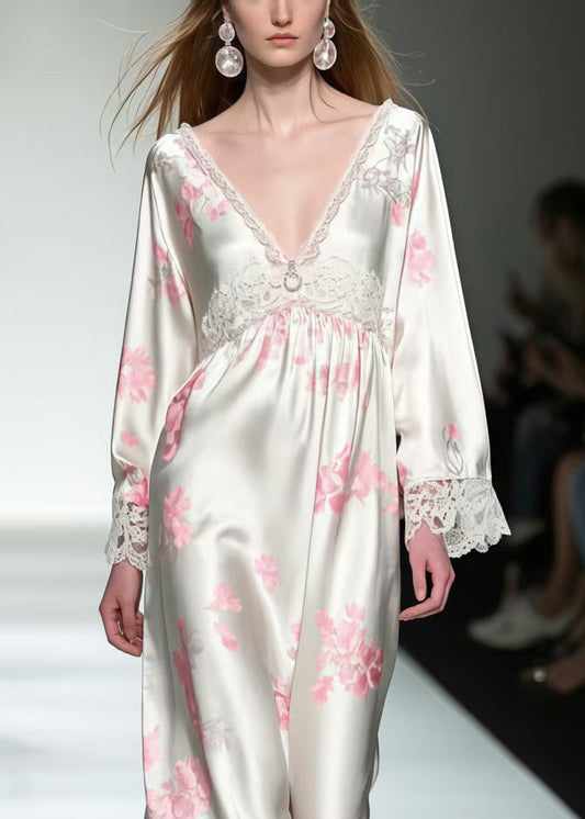 White Print Patchwork Lace Silk Maxi Dresses Spring