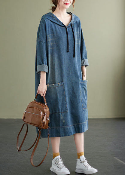Blue Hooded Drawstring Denim Dress