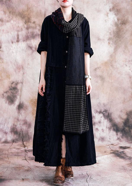 Black Cotton Overcoat Oversize Trench Coats Fall Linen Outwear Patchwork