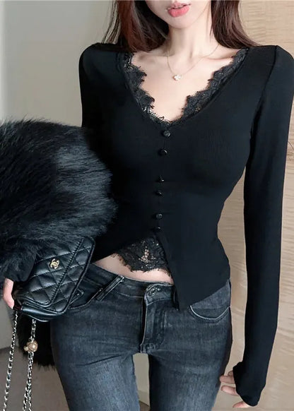 Black V Neck Patchwork Cotton Shirts Spring