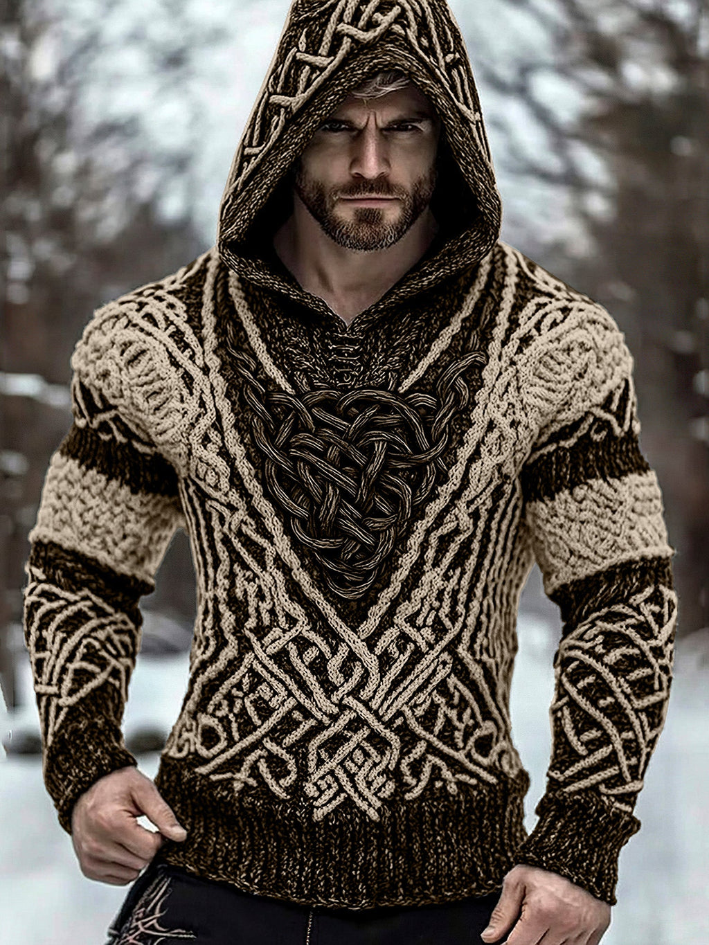 Men's Viking Jacquard Inspired Celtic Hooded Sweater artswardrobe