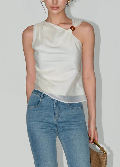 Apricot Asymmetrical Design Silk Top Sleeveless