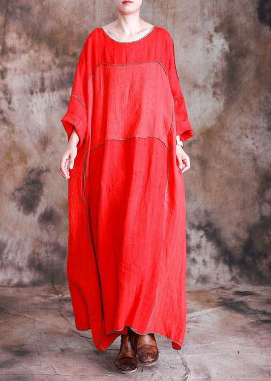 Diy Red Linen Dresses Patchwork Loose Fall Dresses