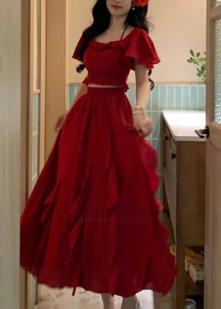 Red Ruffled Tops and Skirts Cotton Two Pieces Set Butterfly Sleeve