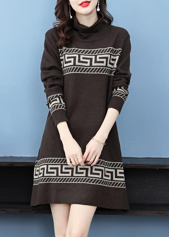 Coffee Print Long a Line Dress Turtle Neck Long Sleeve