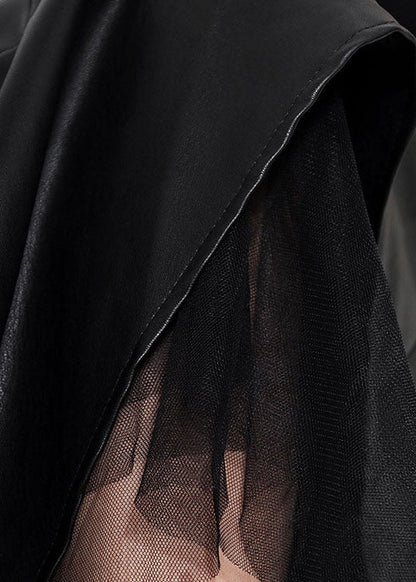 Simple Black Asymmetrical Patchwork Tulle Faux Leather Skirts Spring