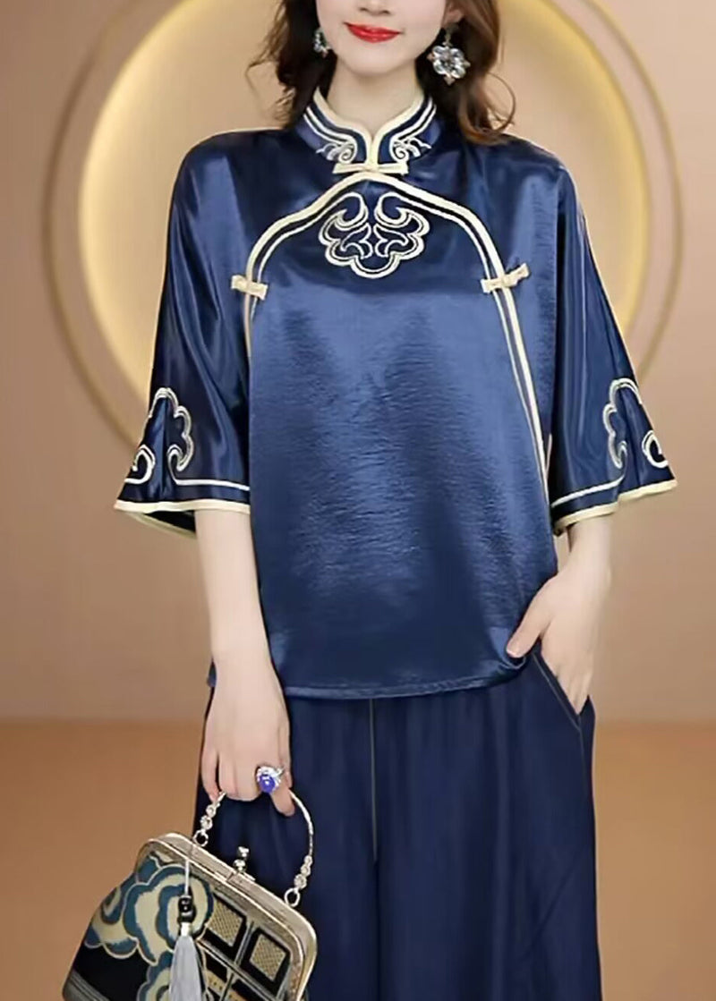 Navy Stand Collar Embroidered Silk Top Flare Sleeve