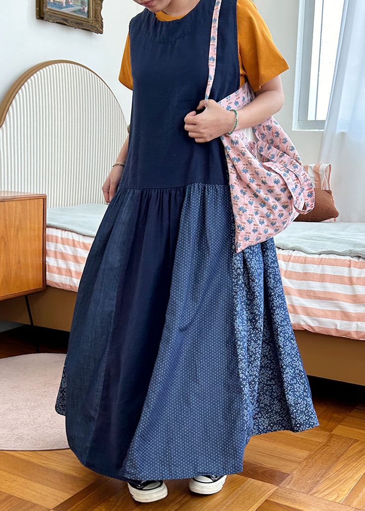 Navy Pockets Patchwork Cotton Tank Dresses Sleeveless