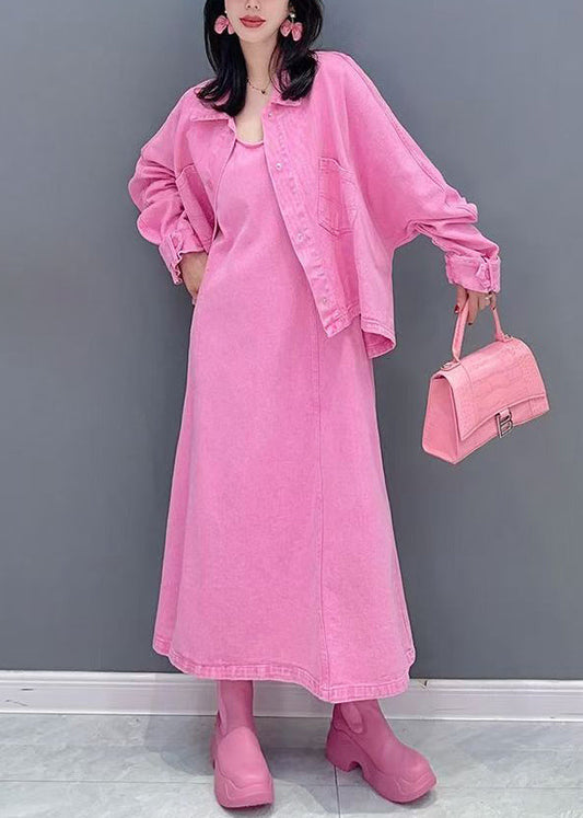Pink Peter Pan Collar Coats and Long Dresses Two Pieces Set Puff Sleeve