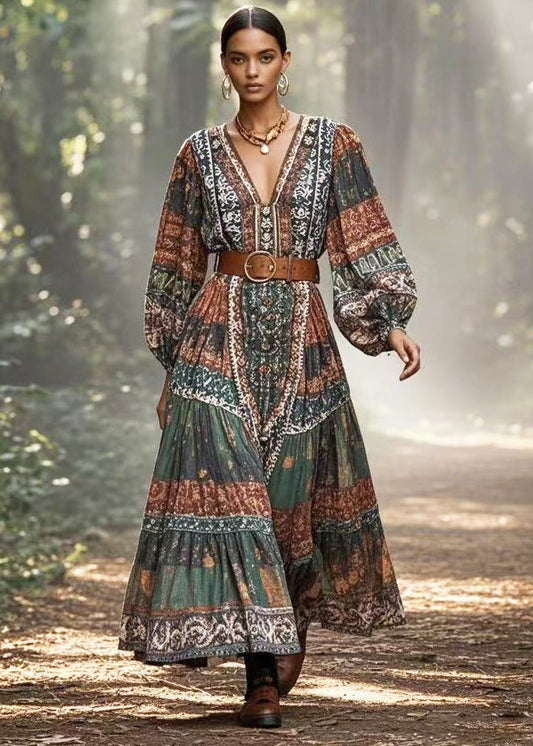 Dark Green Cinched Print Cotton Long Dress Spring