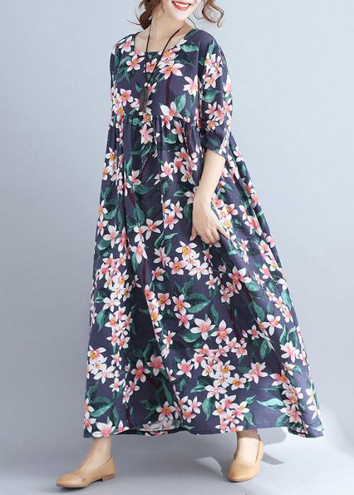 Blue Print Chiffon Quilting Clothes Half Sleeve Cinched Chiffon Summer Dress