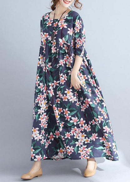 Blue Print Chiffon Quilting Clothes Half Sleeve Cinched Chiffon Summer Dress