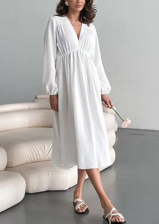 White V Neck Cotton Pajama Dress Fall