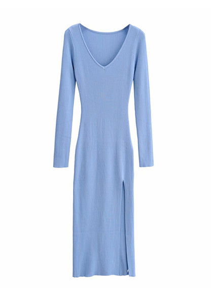 Blue V Neck Side Open Knit Long Dresses Fall