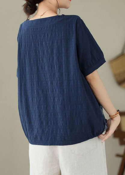 Navy Embroidered Print Patchwork Cotton T Shirt Tops Summer