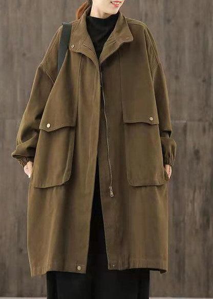 Handmade Coffee Zippered Pockets Patchwork Fall Trench Coats