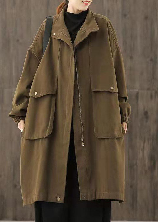Handmade Coffee Zippered Pockets Patchwork Fall Trench Coats