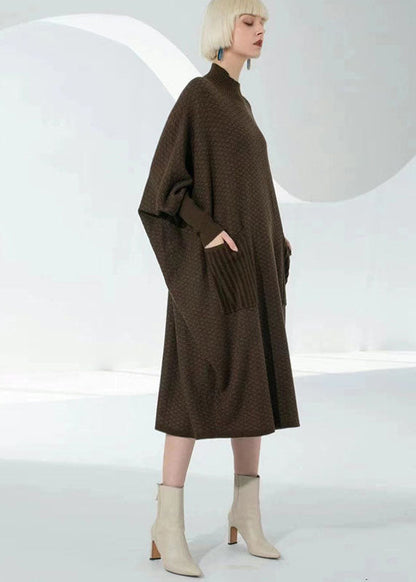Coffee Turtle Neck Patchwork Pockets Wool Sweater Dress Long Sleeve