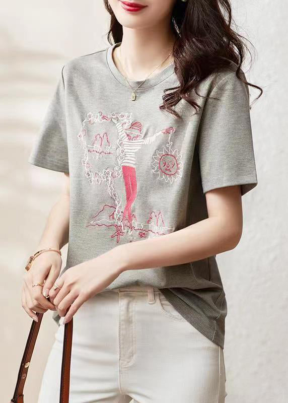 Grey O Neck Embroidered Patchwork Cotton T Shirt Summer