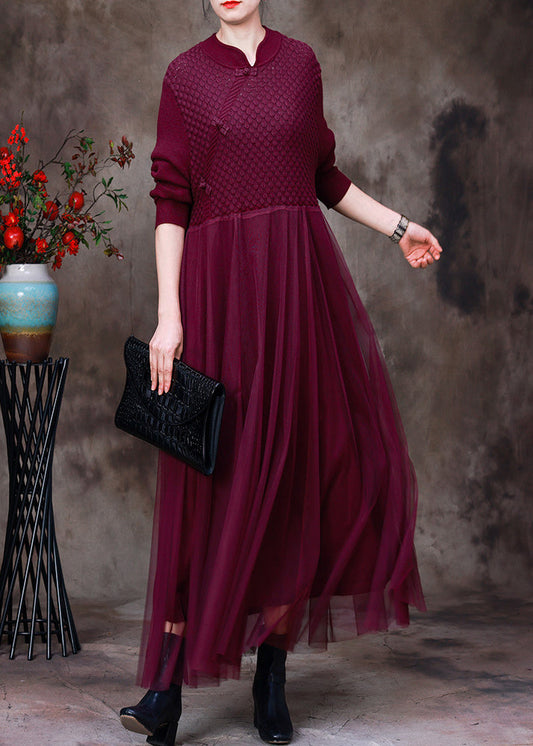 Diy Purple Stand Collar Tulle Patchwork Knit Mid Dress Long Sleeve